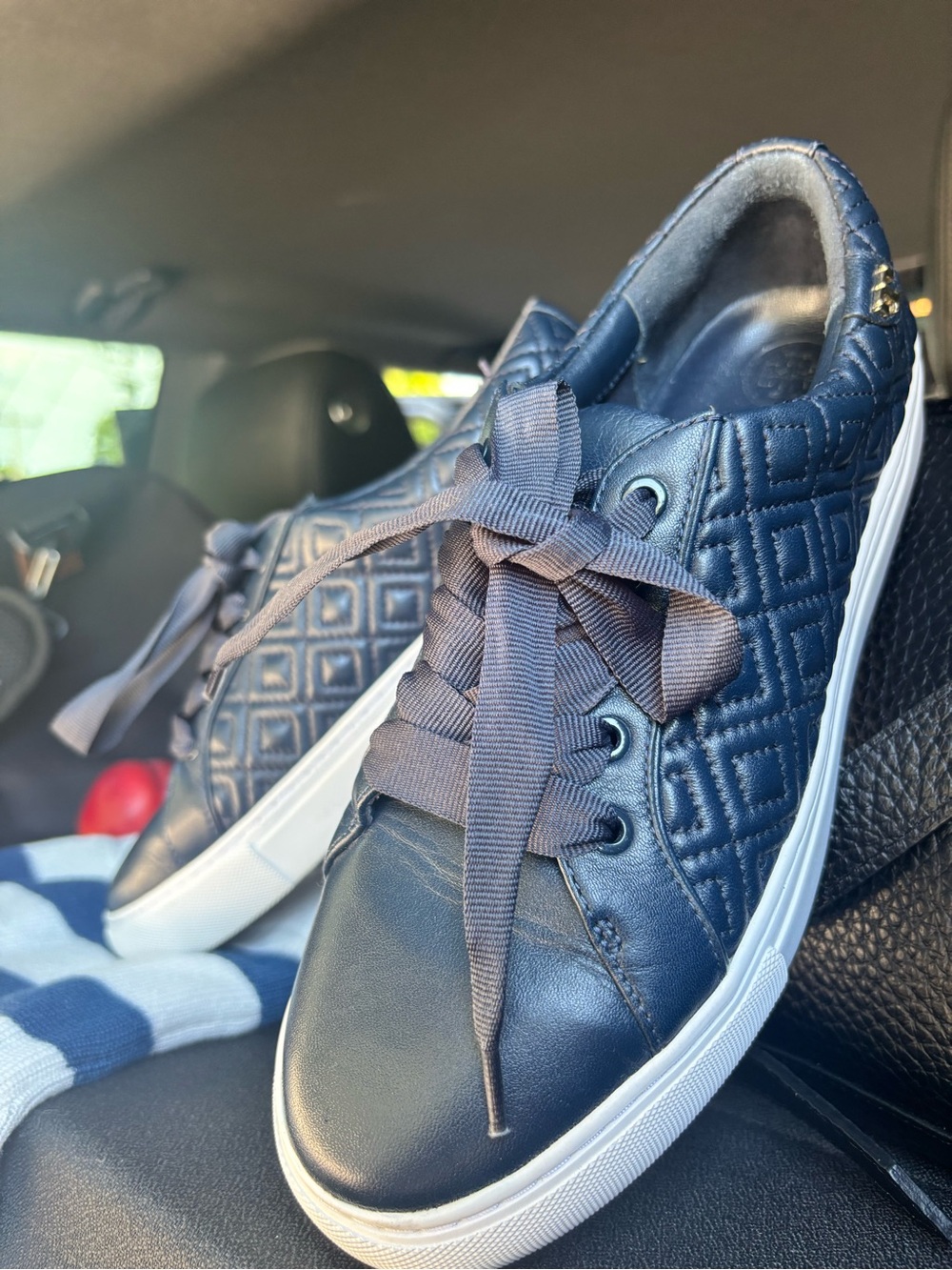 Tory Burch Navy Quilted Leather Low-Top Sneakers with White Sole